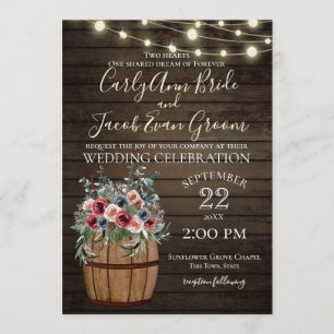 Convites Tonneau de Vinho e Rosas Rústico Borgonha e Azul