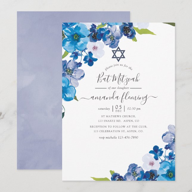 Convites Tons de Azul Bat Mitzvah Floral (Frente/Verso)