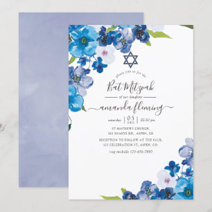 Convites Tons de Azul Bat Mitzvah Floral