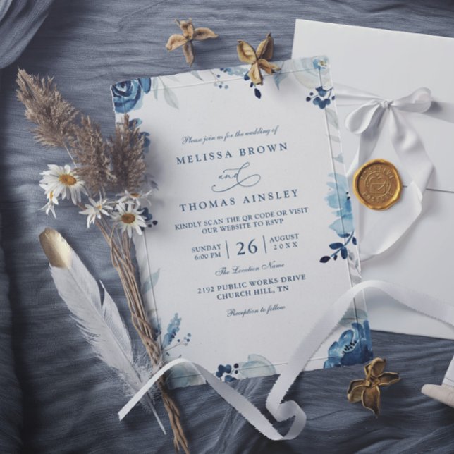 Convites Tons de Azul Botânico Floral Código QR Casamento (Criador carregado)
