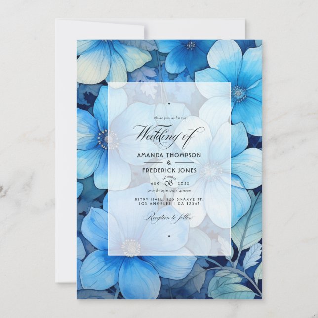 Convites Tons de Azul Casamento Floral (Frente)