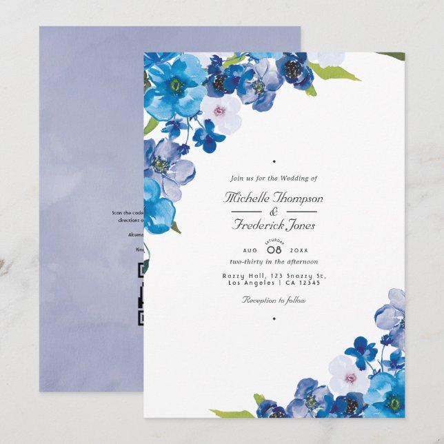 Convites Tons de Azul Floral Código QR RSVP Casamento (Frente/Verso)
