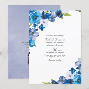 Convites Tons de Azul Floral Código QR RSVP Casamento