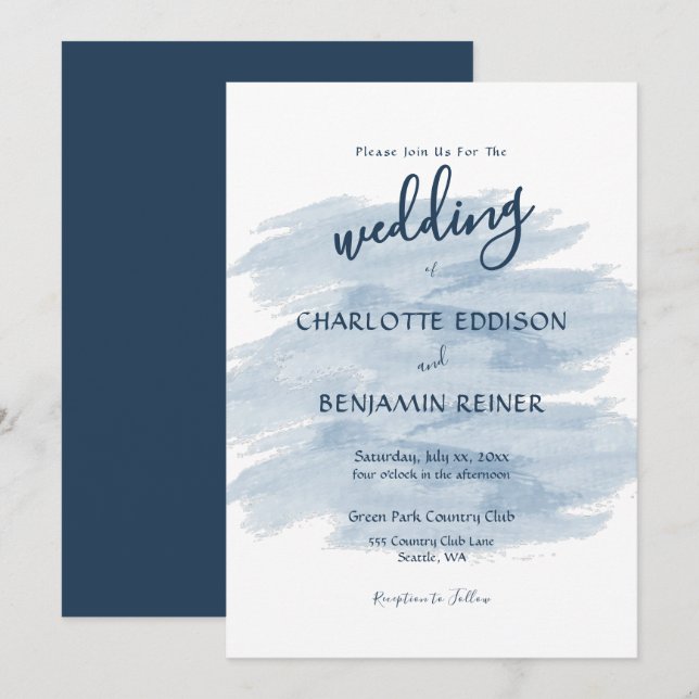 Convites Tons de Azul para Casamento Moderno (Frente/Verso)
