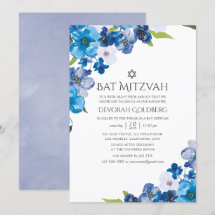 Convites Tons de Bat Mitzvah Floral Azul