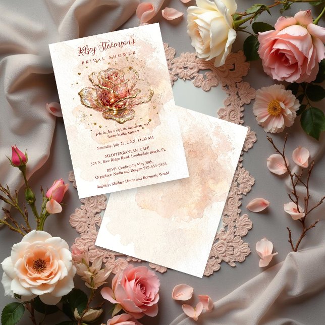 Convites Tons de Rosa Delicado com Efeito de Vidro Brilhant (Delicate Pink Shades Glitter Glass Effect Rose Ornament Bridal Shower Invitation Card Design.)