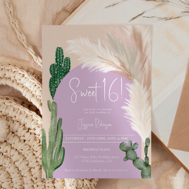 Convites Tons de terra púrpura do arco do cacto do Boho cac (Boho cactus pampas arch purple earth tone Sweet 16 Invitation)