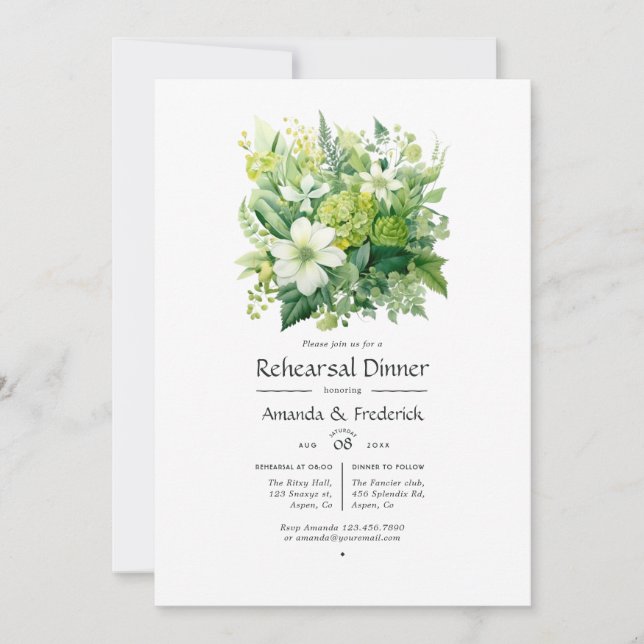 Convites Tons de Verde Jantar de Ensaio de Casamento Floral (Frente)