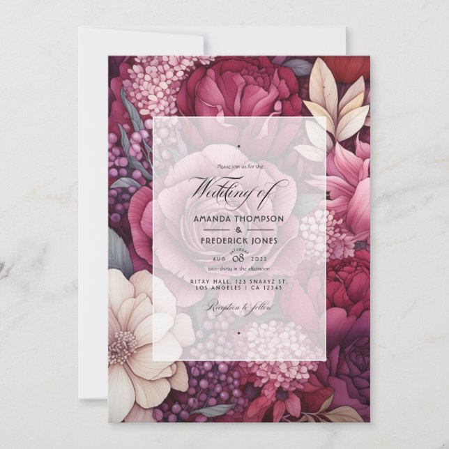 Convites Tons de Vinho Casamento Floral (Frente)