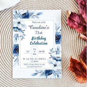 Convites Tons florais azuis de aniversário de 21 anos azul