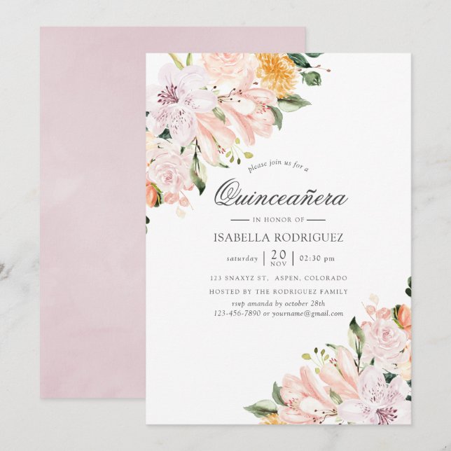 Convites Tons Pastéis Florais Quinceañera (Frente/Verso)