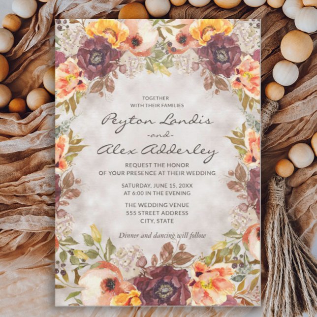 Convites Tons Terrosos Românticos Outono Floral Casamento I (Rust and orange watercolor floral wedding invitation for fall weddings)