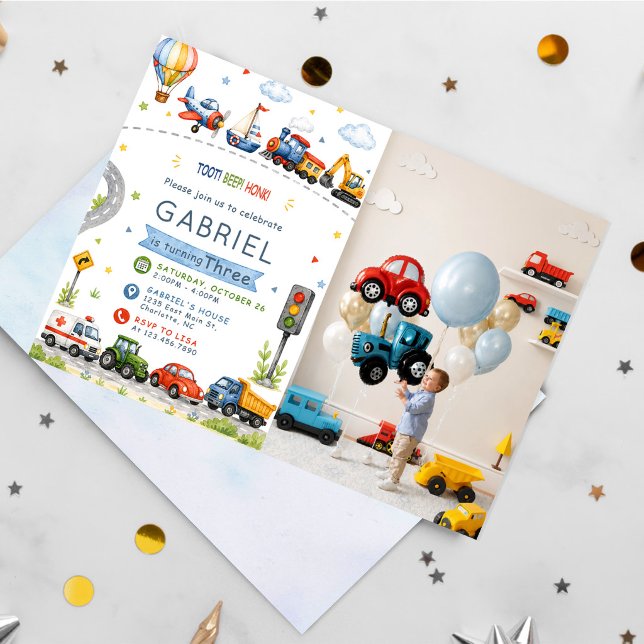 Convites Toot, Beep, Honk! Aniversário Aquarela (Criador carregado)