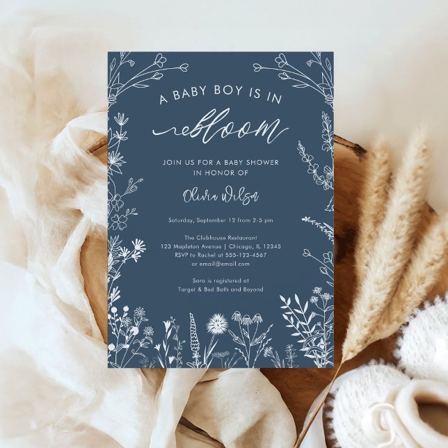 Convites Topaz Blue Wildflower Baby Boy in Bloom Chá de fra (Topaz Blue Wildflower Line Art 'A Baby Boy is in Bloom' Baby Shower Invitation)