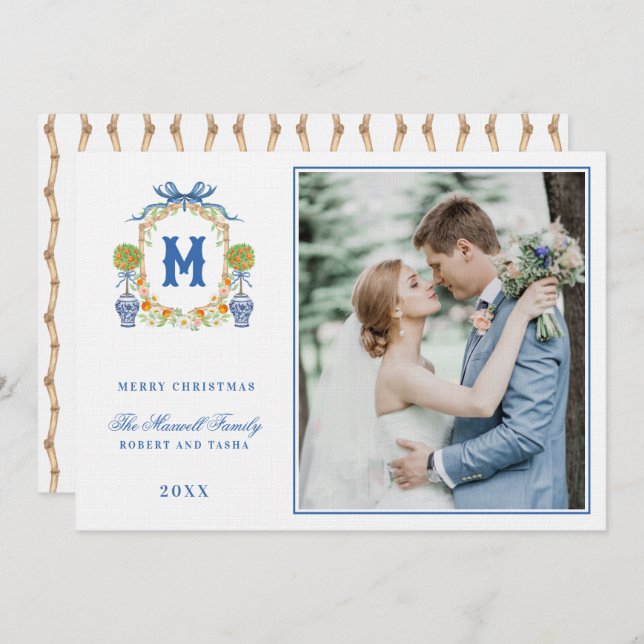 Convites Tópico laranja na Chinoiserie Pote Crest Monograma (Frente/Verso)