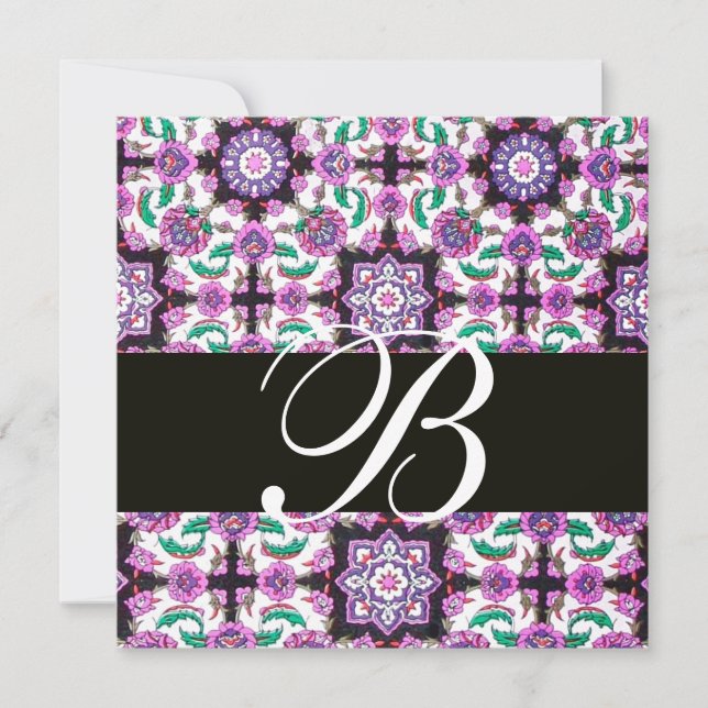 Convites TOPKAPI DAMASK MONOGRAM preto branco rosa verde (Frente)