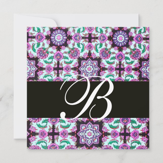 Convites TOPKAPI DAMASK MONOGRAM preto rosa azul verde (Frente)