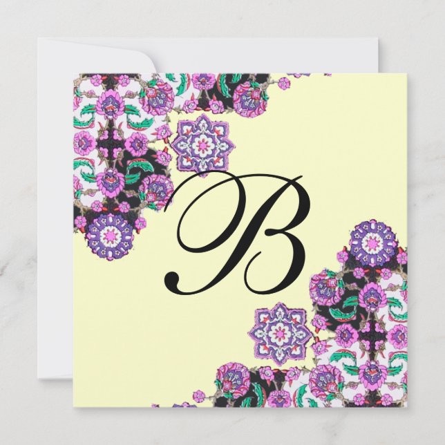 Convites TOPKAPI PRETO  DAMASCO MONOGRAMA branco rosa prata (Frente)