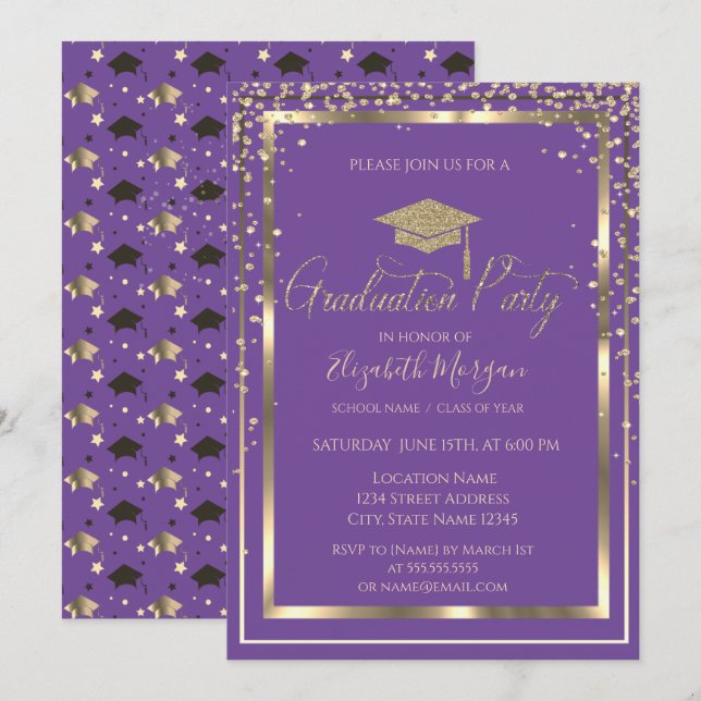Convites Toque Dourado Chique Boina de Formatura Violeta Gr (Frente/Verso)