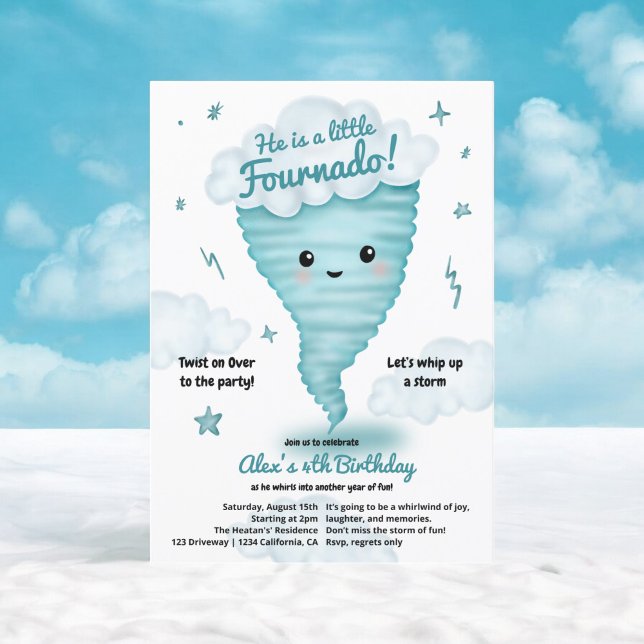 Convites Tornado azul-bonito Tornado presenciou 4º aniversá (Cute blue Tornado Themed 4th Birthday Kids party Invitation)