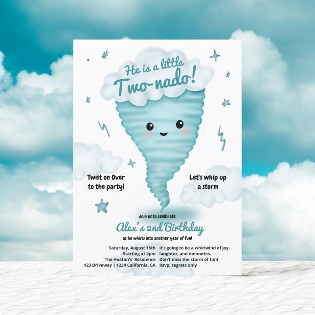 Convites Tornado azul-bonito Tornado Themed segundo anivers (Cute blue Tornado Themed 2nd Birthday Kids party Invitation)