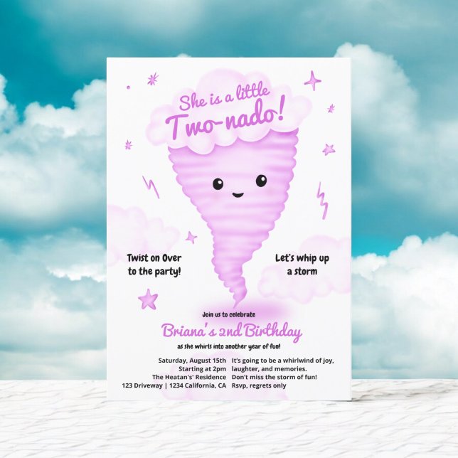 Convites Tornado rosa-rosa-bonito Tornado prestigiado segun (Cute Pink Tornado Themed 2nd Birthday Kids party Invitation)