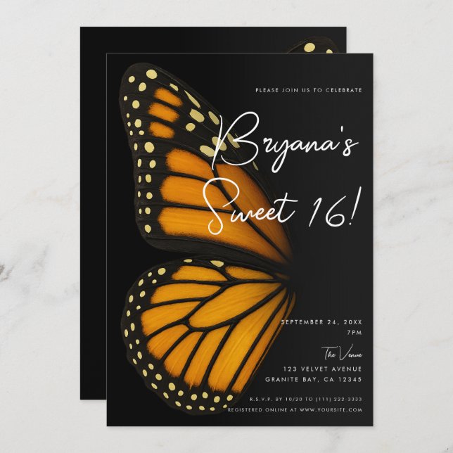 Convites Torne-se Mariposa Monarch Butterfly Sweet 16 (Frente/Verso)