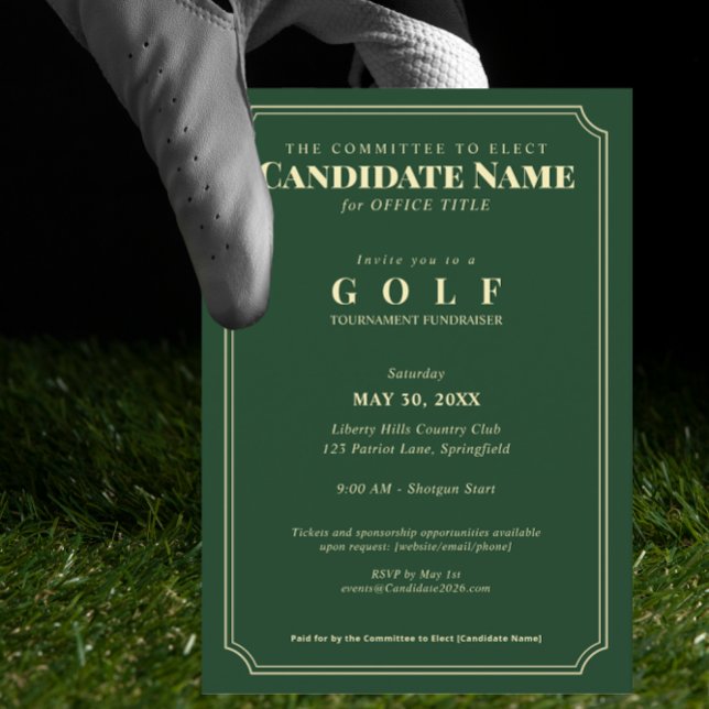 Convites Torneio de Golfe Elegante de Captação de Recursos (Elegant Golf Tournament Fundraiser Invitation Golf Country Club Candidate Fundraiser Campaign)