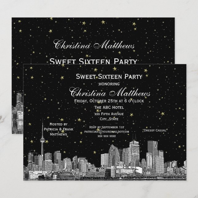 Convites Toronto Etch Estrela DIY Cor BG Doce 16 Preto (Frente/Verso)