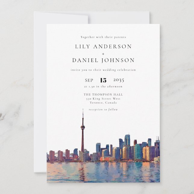 Convites Toronto Skyline Watercolor All In One Wedding (Frente)