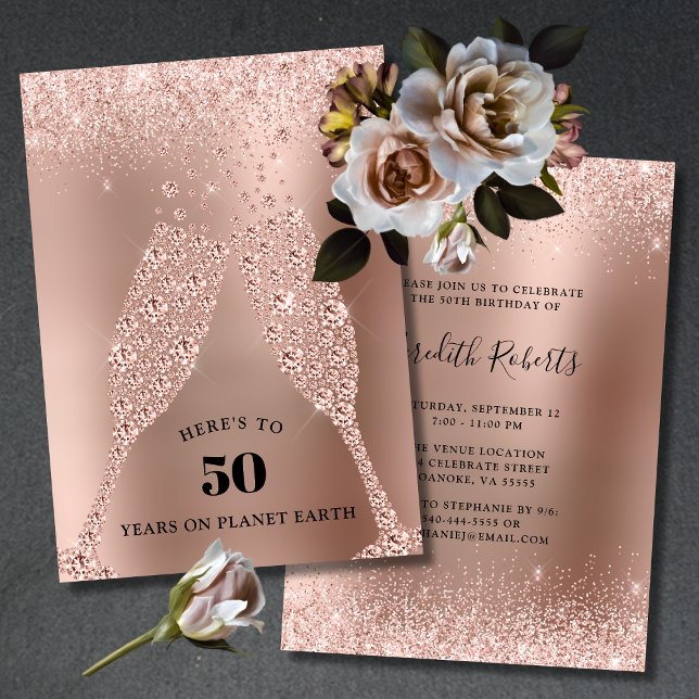 Convites Torrada Dourada Rosa de Aniversário de 50 Anos Esp (50th Birthday Party Invitation Rose Gold Foil Blush Pink Glitter Champagne Toast)