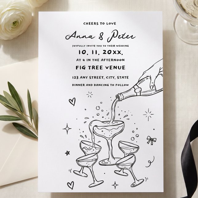 Convites Torre de Champanhe Ilustrada à Mão Casamento Vinta (Criador carregado)