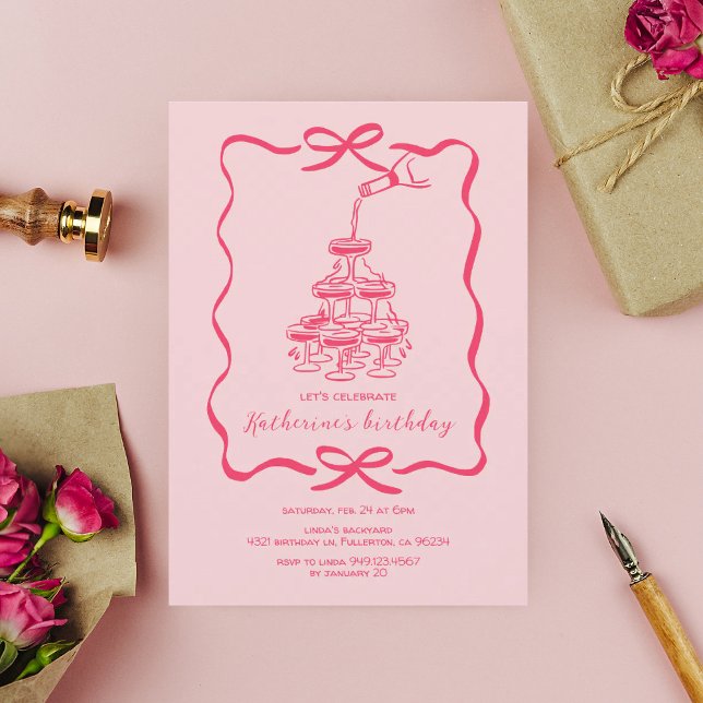 Convites Torre de Champanhe Rosa Desenhada à Mão para Festa (Criador carregado)