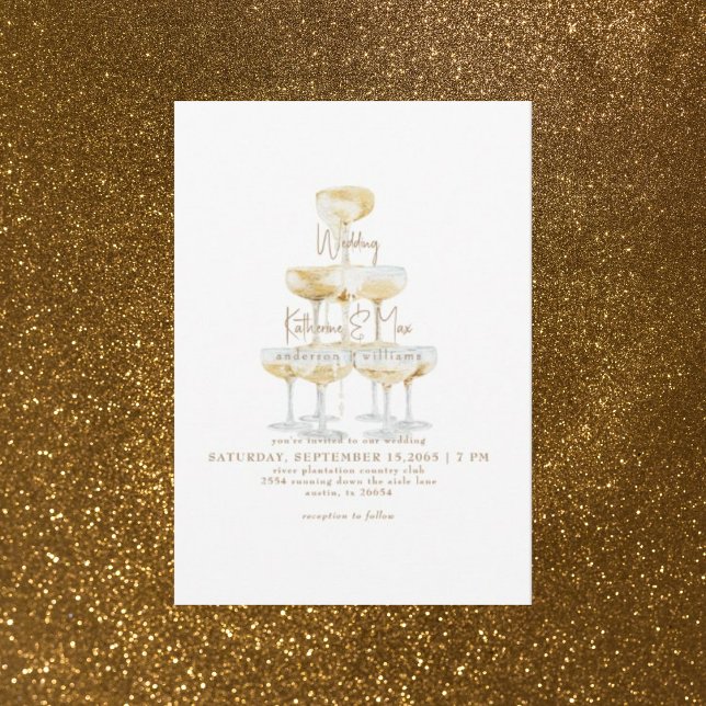 Convites Torre de Champanhe Texto Dourado Casamento  (Criador carregado)