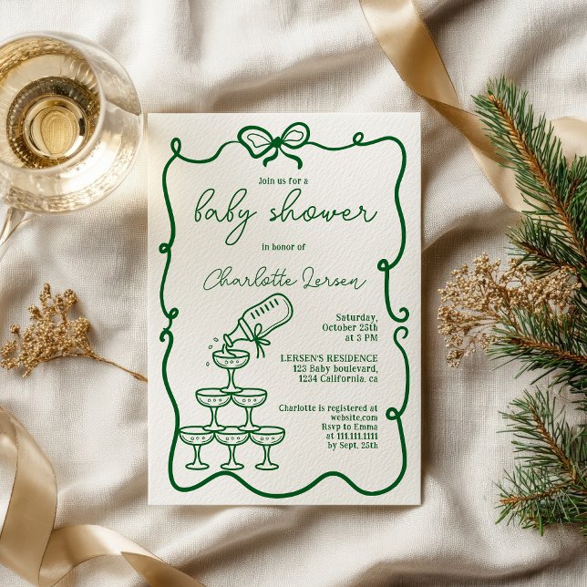 Convites Torre de Drinks Verdes Arco Coquette Baby Shower (Green Drinks Tower Coquette Bow Baby Shower Invitation)