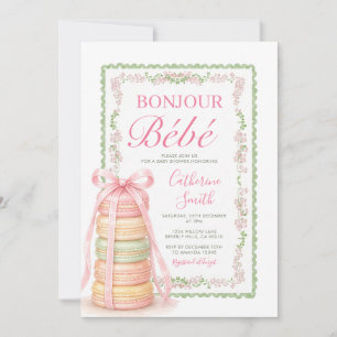 Convites Torre de Macarons Rosa 'Bonjour' para Chá de Bebê