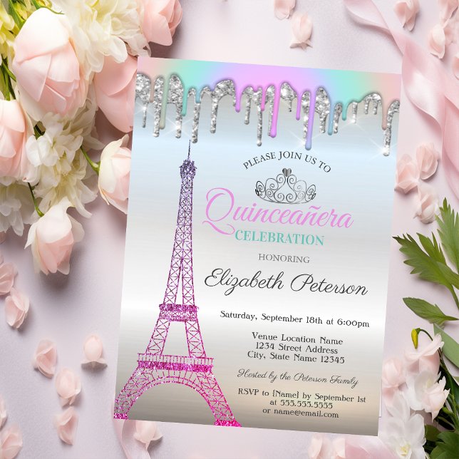 Convites Torre Eiffel, Arco-Íris Coloca Silver Quinceañera (Criador carregado)