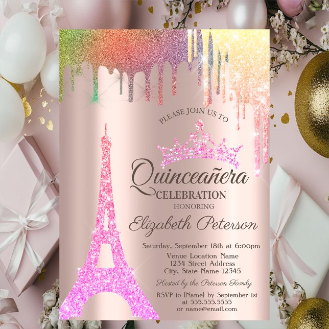 Convites Torre Eiffel, Arco-Íris, Rosa Dourado Quinceañera (Criador carregado)