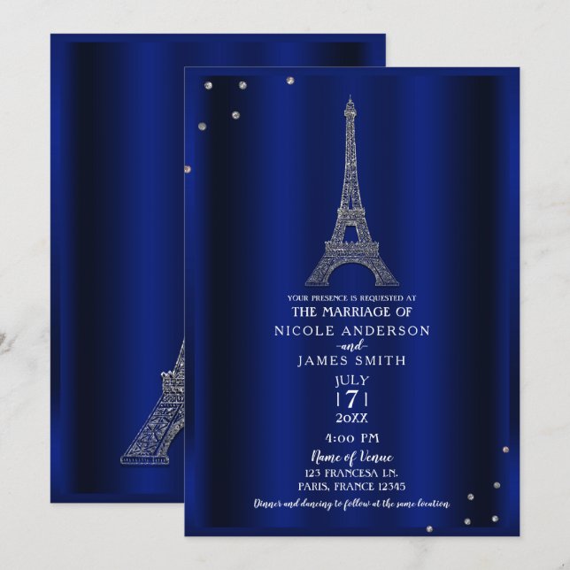 Convites Torre Eiffel Azul Real e Prata Casamento Paris (Frente/Verso)