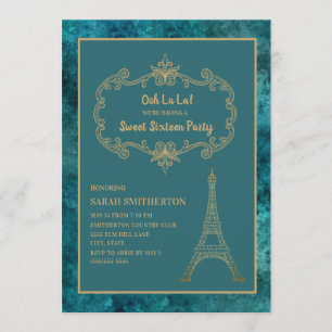 Convites Torre Eiffel Azul Turquesa e Dourada Sweet 16 Eleg