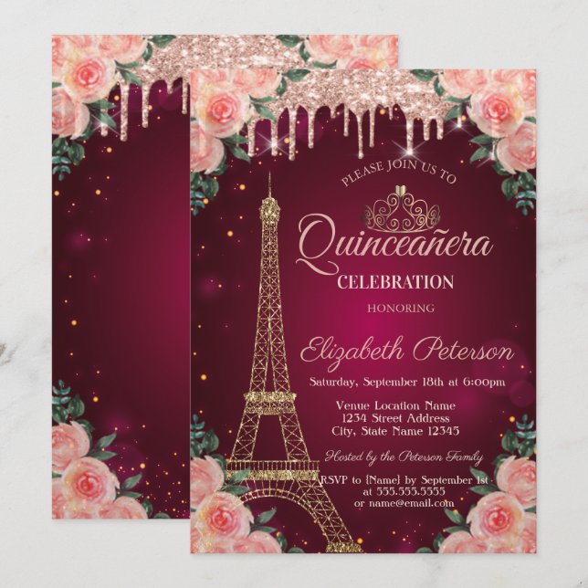 Convites Torre Eiffel Brilhante Flores Quinceañera (Frente/Verso)