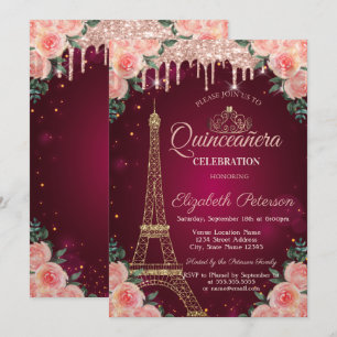 Convites Torre Eiffel Brilhante Flores Quinceañera