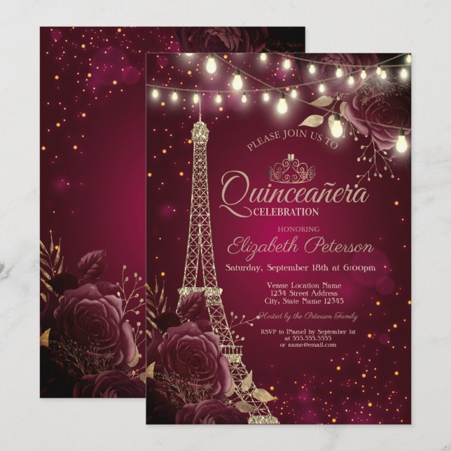 Convites Torre Eiffel Brilhante, Rosas Borgonha para Quince (Frente/Verso)