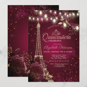 Convites Torre Eiffel Brilhante, Rosas Borgonha para Quince