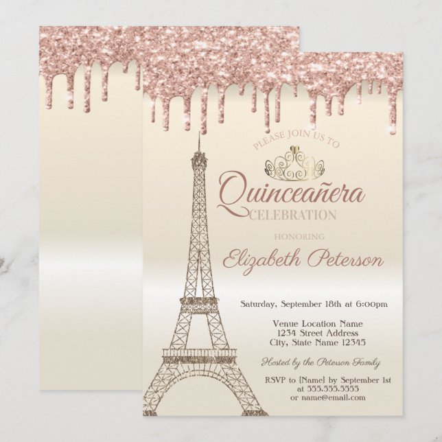 Convites Torre Eiffel Brilhante, Tiara, Gotas Quinceañera (Frente/Verso)