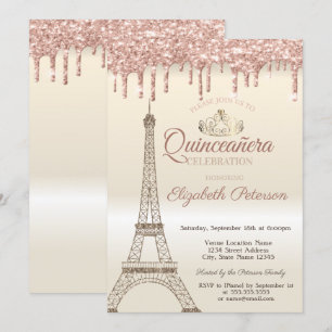 Convites Torre Eiffel Brilhante, Tiara, Gotas Quinceañera
