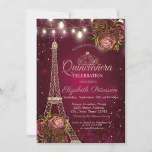 Convites Torre Eiffel brilhante, Tiara Rosas Vermelhas Quin
