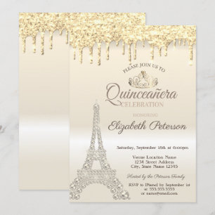 Convites Torre Eiffel Brilhante,Torta de Quinze Anos Dourad