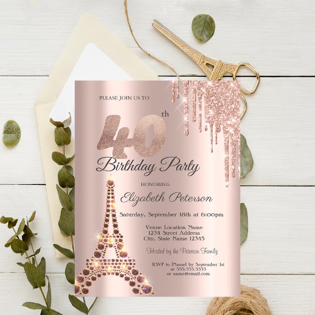 Convites Torre Eiffel Brilho Gotas Paris 40º Aniversário  (Criador carregado)