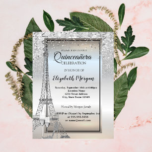 Convites Torre Eiffel Brilho Prateado, Quinceañera de Vidro